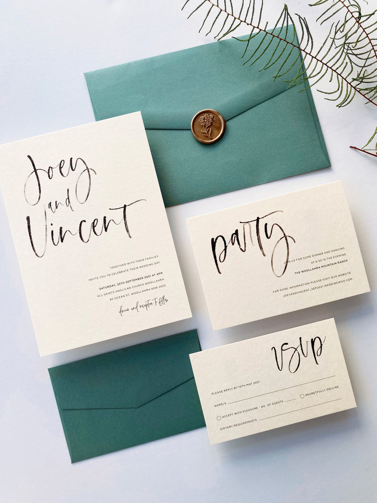 Calligraphy in Green Wedding Invitations