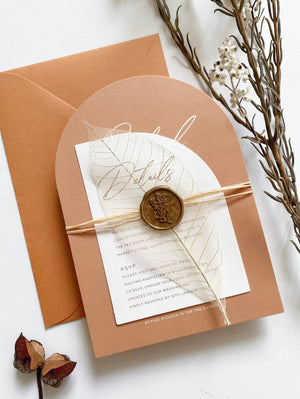 
                  
                    Load image into Gallery viewer, Earthy tone Wedding Invitation with Terracotta envelopes and wax seals
                  
                