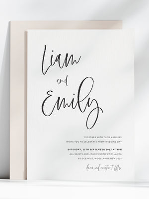 
                  
                    Load image into Gallery viewer, Carly&amp;#39;s Calligraphy Wedding Invitation. Black and White letterpress wedding stationery.
                  
                