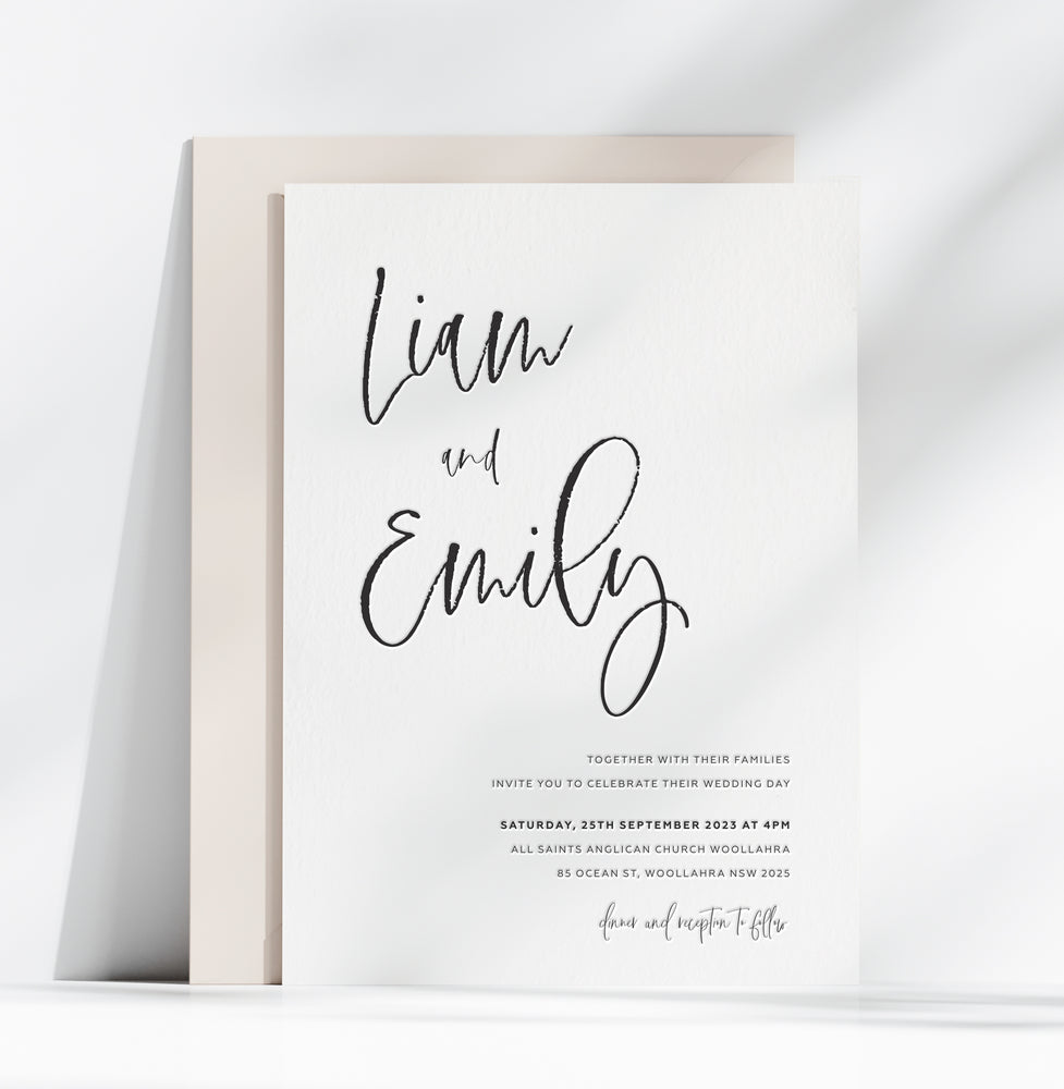 
                  
                    Load image into Gallery viewer, Carly&amp;#39;s Calligraphy Wedding Invitation. Black and White letterpress wedding stationery.
                  
                