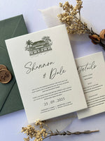 Green letterpress wedding invitation card with venue illustration, a details card and envelopes and wax seals.
