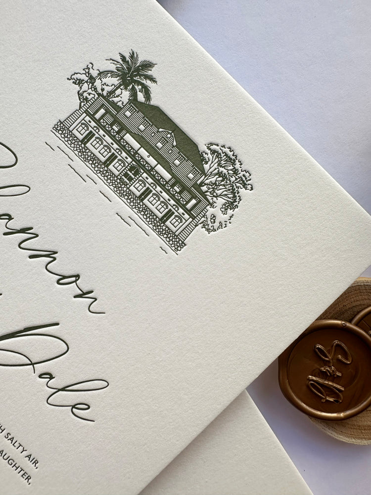 
                  
                    Load image into Gallery viewer, Green letterpress wedding invitation card with venue illustration, a details card and envelopes and wax seals.
                  
                