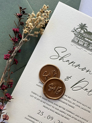 
                  
                    Load image into Gallery viewer, Green letterpress wedding invitation card with venue illustration, a details card and envelopes and wax seals.
                  
                