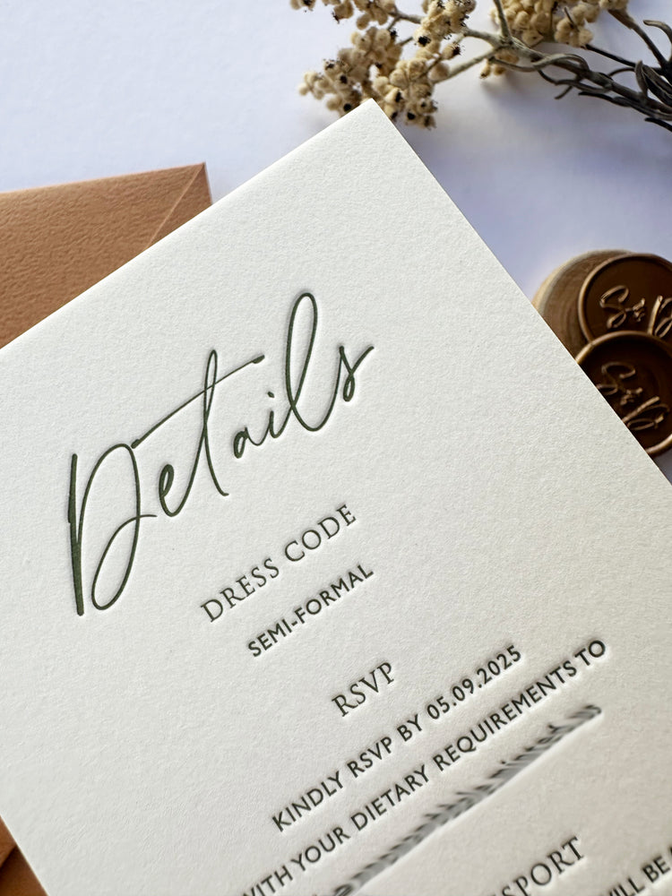 
                  
                    Load image into Gallery viewer, Green letterpress wedding invitation card with venue illustration, a details card and envelopes and wax seals.
                  
                