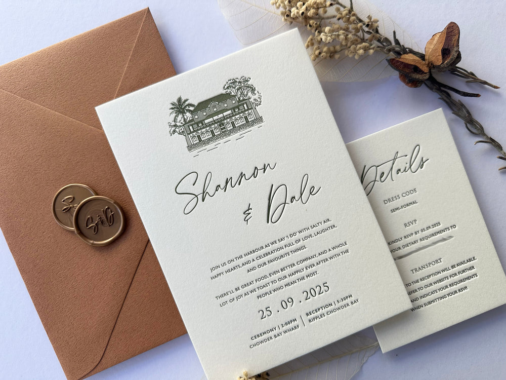 
                  
                    Load image into Gallery viewer, Green letterpress wedding invitation card with venue illustration, a details card and envelopes and wax seals.
                  
                