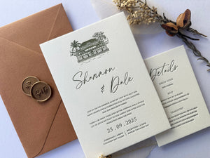 
                  
                    Load image into Gallery viewer, Green letterpress wedding invitation card with venue illustration, a details card and envelopes and wax seals.
                  
                
