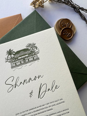 
                  
                    Load image into Gallery viewer, Green letterpress wedding invitation card with venue illustration, a details card and envelopes and wax seals.
                  
                