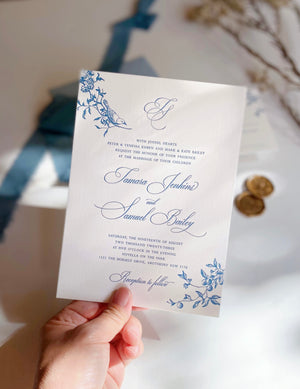 
                  
                    Load image into Gallery viewer, Letterpress Garden Wedding Invitation in blue and white with wax seal and ribbons.
                  
                