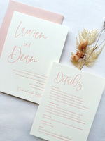 Letterpress Wedding Invitation in Pink with Calligraphy Script.