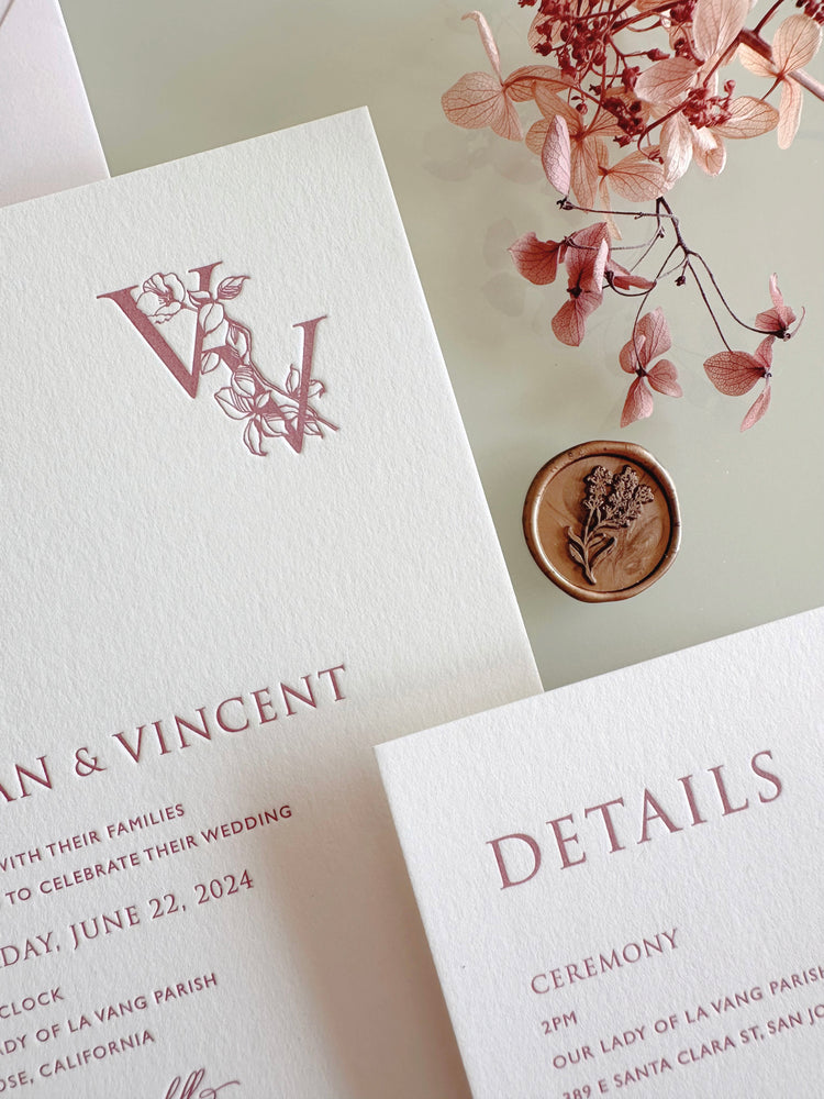 
                  
                    Load image into Gallery viewer, LETTERPRESS Floral Monogram Invitation in Pink
                  
                