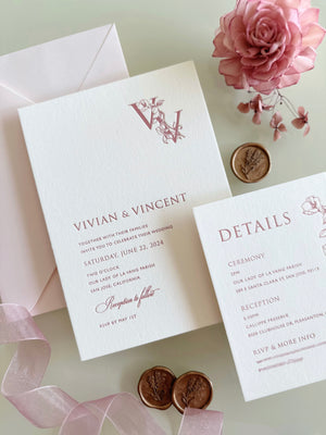 
                  
                    Load image into Gallery viewer, LETTERPRESS Floral Monogram Invitation in Pink
                  
                