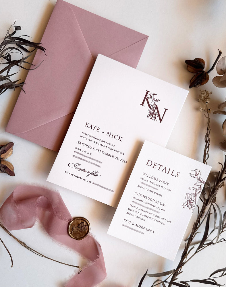 
                  
                    Load image into Gallery viewer, Floral monogram letterpress wedding invitation in burgundy, pink and nude with wax seal.
                  
                