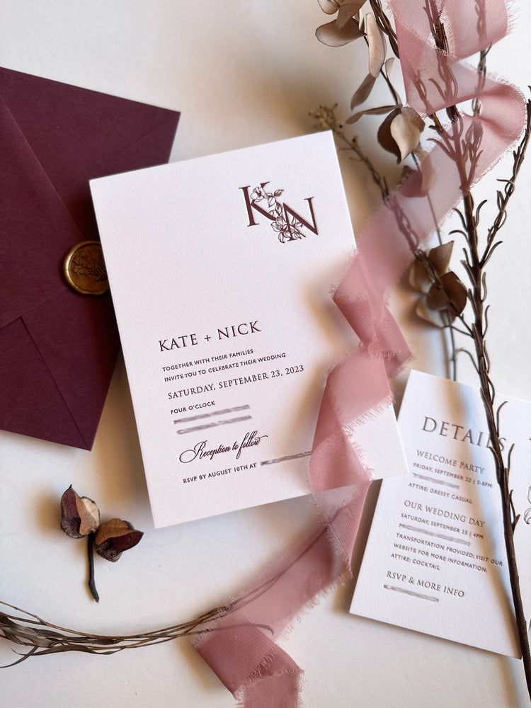 
                  
                    Load image into Gallery viewer, Floral monogram letterpress wedding invitation in burgundy, pink and nude with wax seal.
                  
                