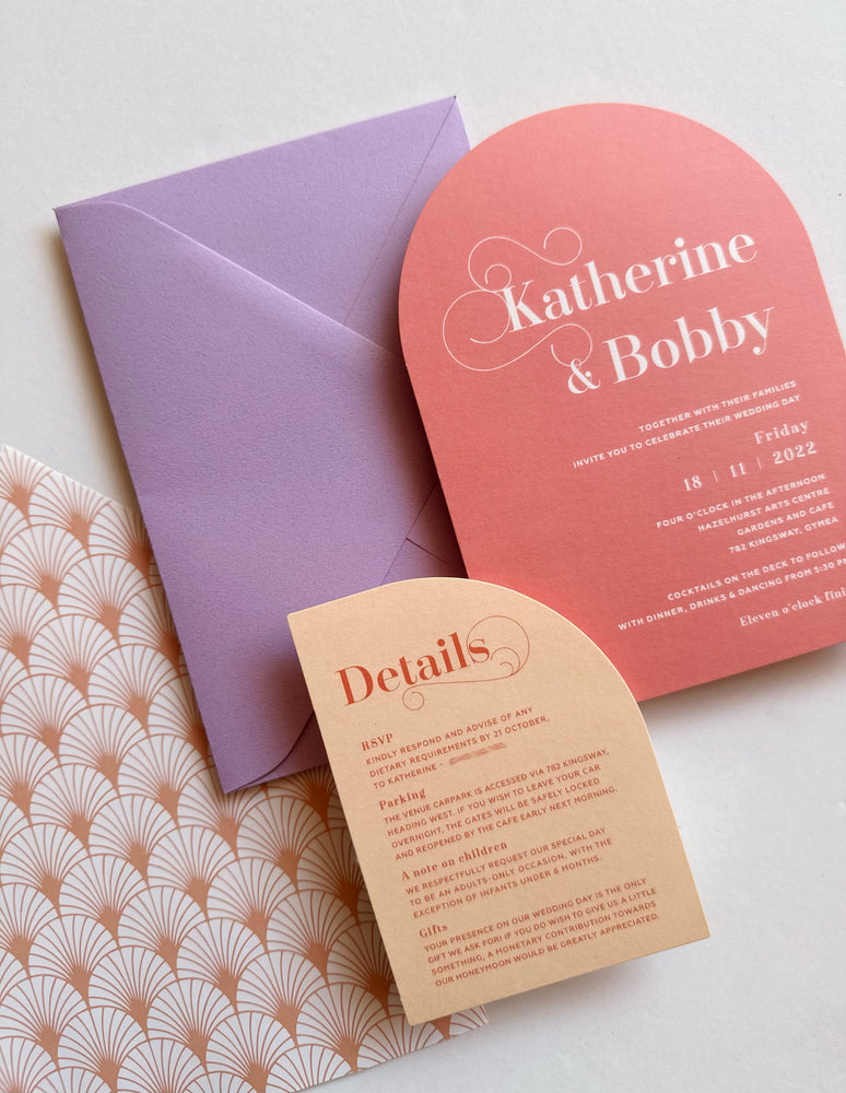 
                  
                    Load image into Gallery viewer, Lollipop arch and half arch wedding invitation. Fun and colourful invites in lavender, purple, pink and range.
                  
                