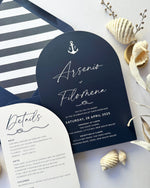 Nautical-themed wedding invitation. Beachside and seaside and waterfront wedding card.