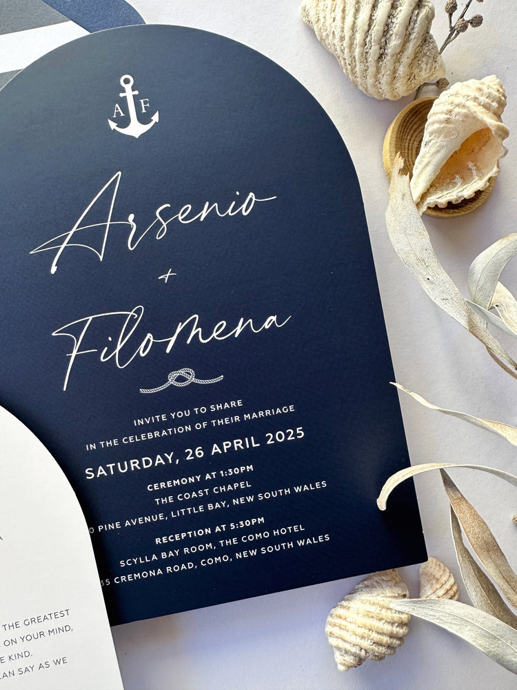 
                  
                    Load image into Gallery viewer, Nautical-themed wedding invitation. Beachside and seaside and waterfront wedding card.
                  
                