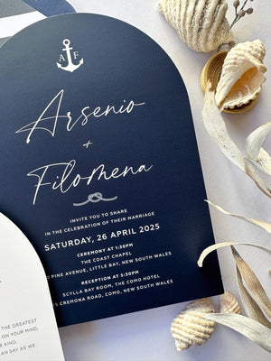 
                  
                    Load image into Gallery viewer, Nautical-themed wedding invitation. Beachside and seaside and waterfront wedding card.
                  
                