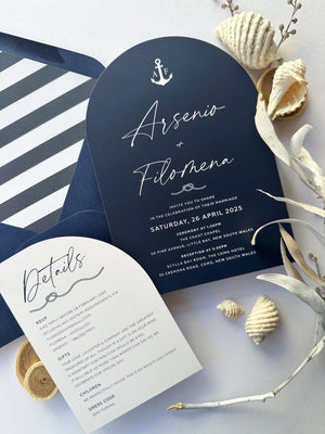 
                  
                    Load image into Gallery viewer, Nautical-themed wedding invitation. Beachside and seaside and waterfront wedding card.
                  
                