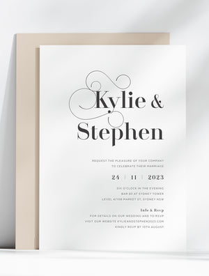 
                  
                    Load image into Gallery viewer, Modern decorative font letterpress wedding invitation in black and white. Black tie invite card.
                  
                