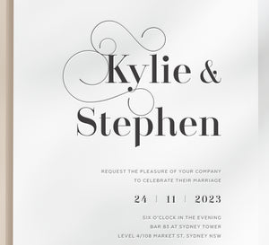 
                  
                    Load image into Gallery viewer, Modern decorative font letterpress wedding invitation in black and white. Black tie invite card.
                  
                