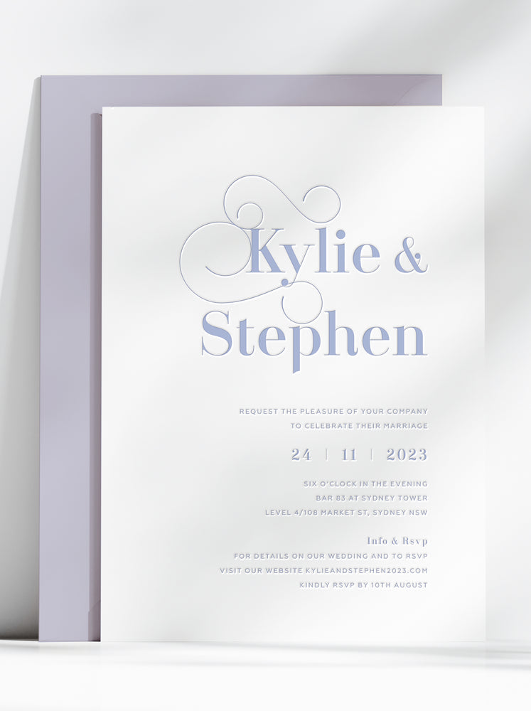 Modern decorative font letterpress wedding invitation in lavender. Purple invite card. Mauve wedding stationery.