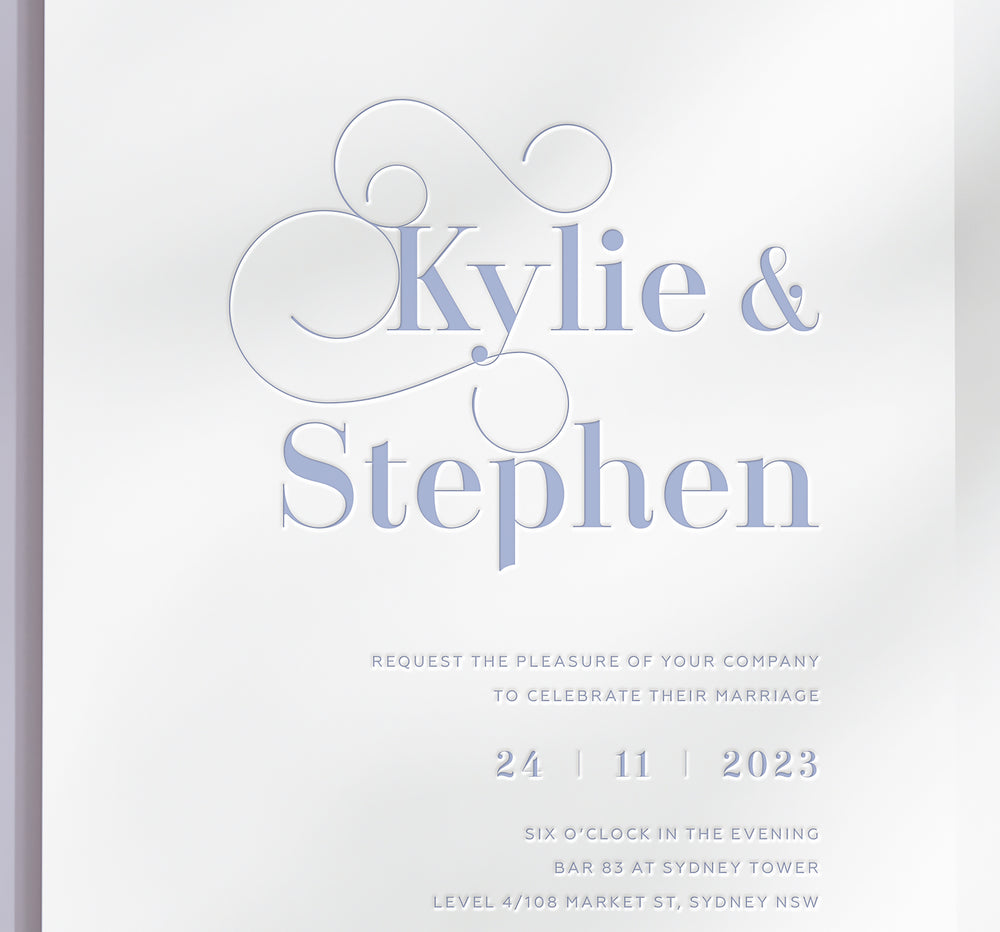 
                  
                    Load image into Gallery viewer, Modern decorative font letterpress wedding invitation in lavender. Purple invite card. Mauve wedding stationery.
                  
                
