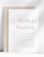 Modern decorative font letterpress wedding invitation in lavender. Brown invite card. Tan colour wedding stationery.