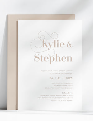 
                  
                    Load image into Gallery viewer, Modern decorative font letterpress wedding invitation in lavender. Brown invite card. Tan colour wedding stationery.
                  
                