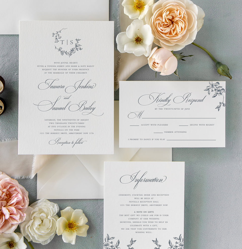 
                  
                    Load image into Gallery viewer, Letterpress Spring Wedding Invitation with wax seals
                  
                