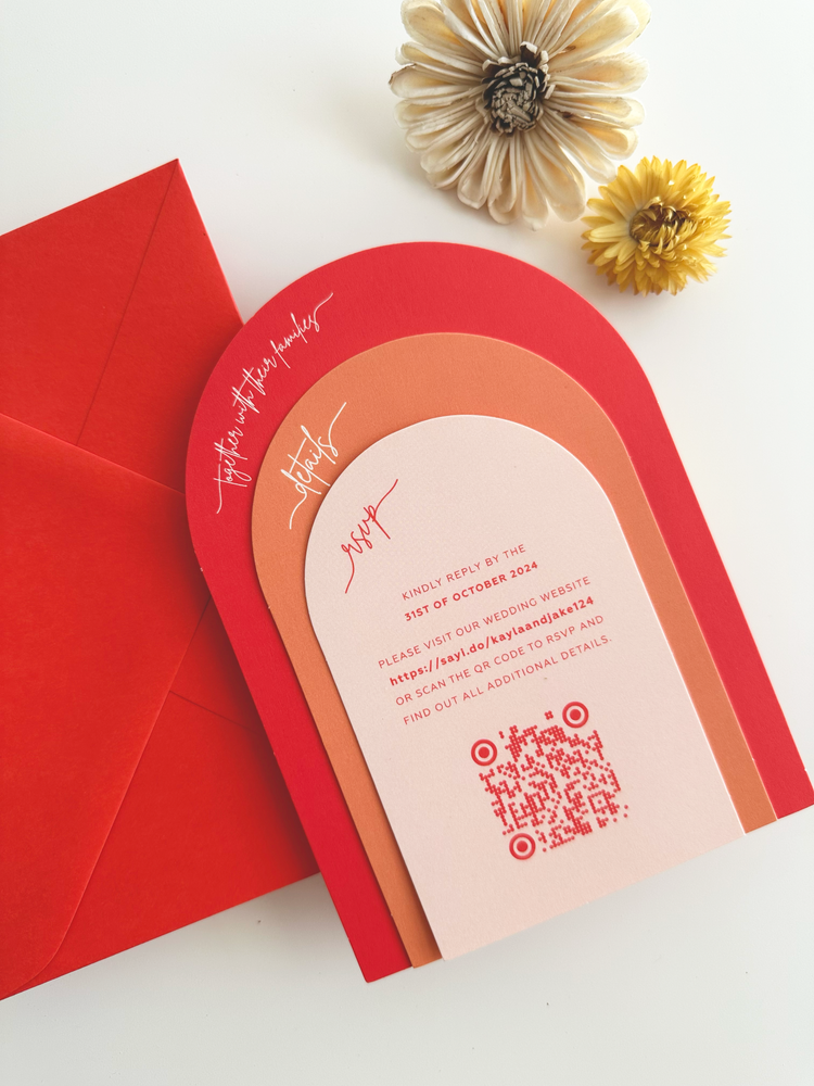 Red, orange and pink arch wedding invitation with red envelope