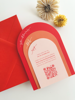 Red, orange and pink arch wedding invitation with red envelope