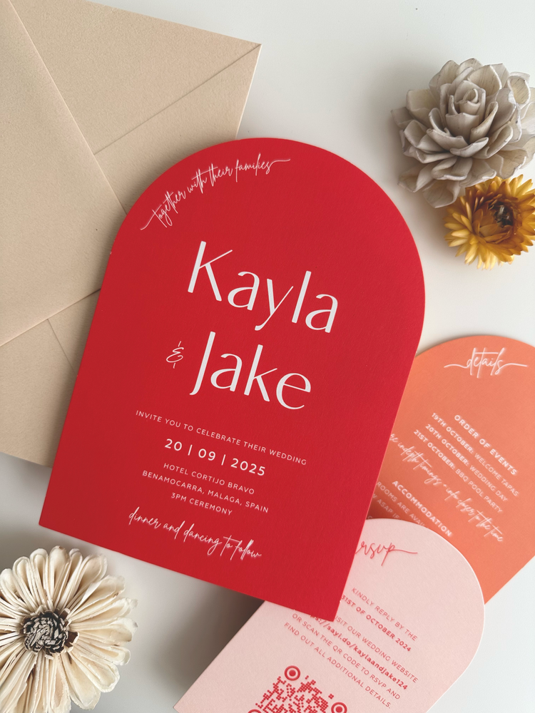 
                  
                    Load image into Gallery viewer, Red, orange and pink arch wedding invitation with red envelope
                  
                