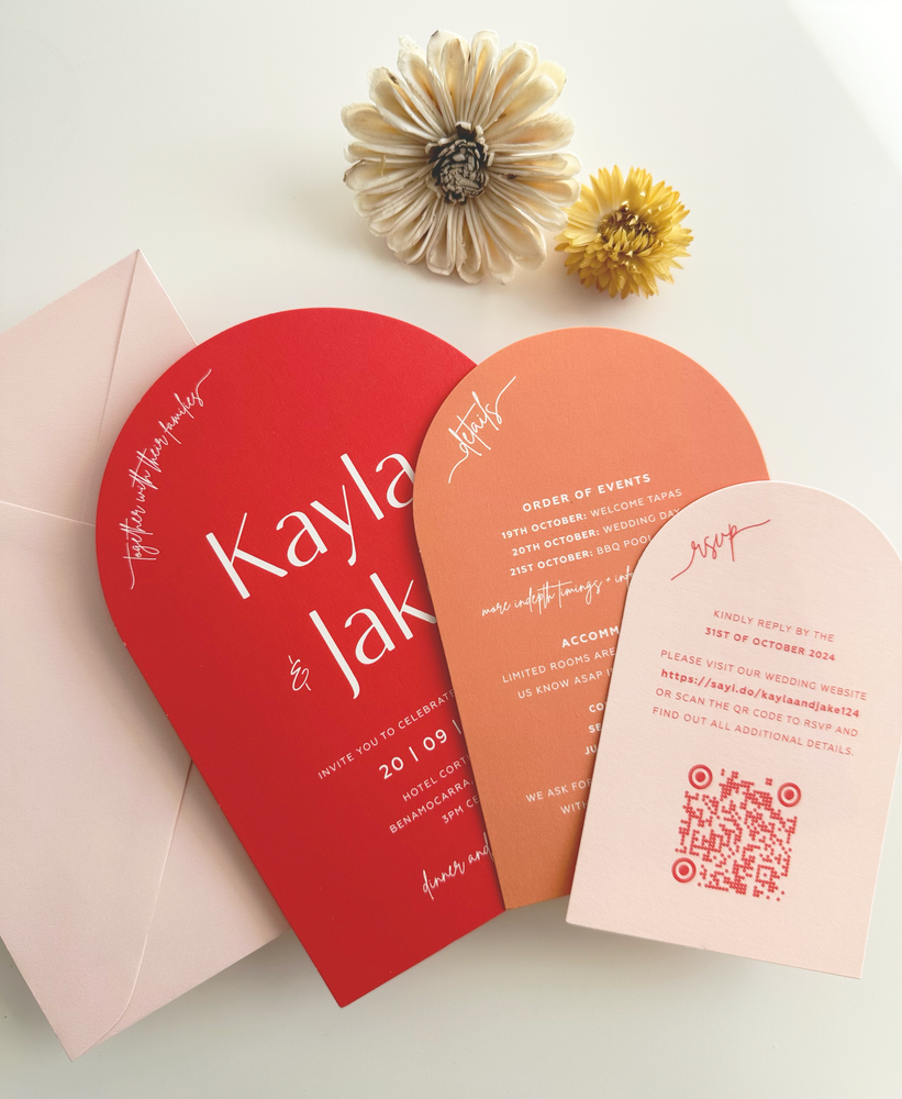 
                  
                    Load image into Gallery viewer, Red, orange and pink arch wedding invitation with red envelope
                  
                