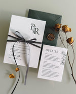 Letterpress olive green, sage green wedding invitations. Little Bridge Design.