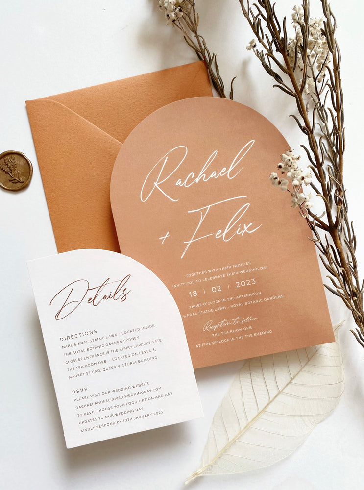 
                  
                    Load image into Gallery viewer, Earthy Tone Wedding Invitation with Terracotta Envelopes
                  
                