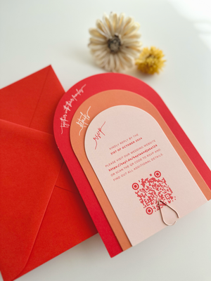 
                  
                    Load image into Gallery viewer, Red, orange and pink arch wedding invitation with red envelope
                  
                