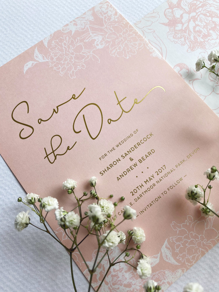 Floral Sketch in Pink and Gold Wedding Invitation
