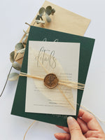 Ashleigh's Calligraphy Wedding Invitation in olive green with handwritten font