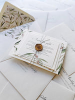 Australian outback, bush, outdoor wedding invitation with wax seal. Watercolour invite.