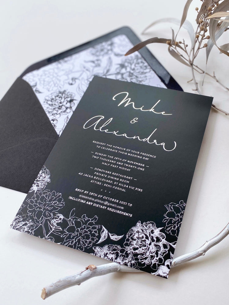 Floral Sketch in Black and Silver Wedding Invitation