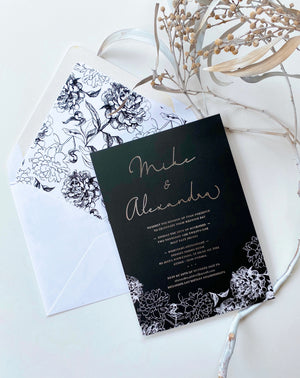 
                  
                    Load image into Gallery viewer, Floral Sketch in Black and Silver Wedding Invitation
                  
                