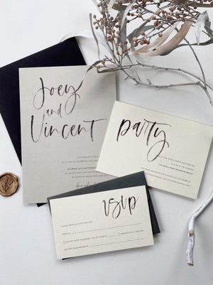 
                  
                    Load image into Gallery viewer, Black tie wedding invitation with Black and Grey envelopes. Calligraphy style invite in gray.
                  
                