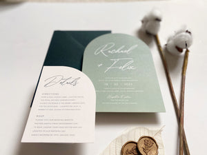 
                  
                    Load image into Gallery viewer, Green Wedding Invitation with Hunter Green Envelopes, assembled with skeleton leaf, raffia and wax seal.
                  
                