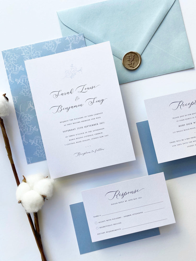 
                  
                    Load image into Gallery viewer, Magnolia in Blue Wedding Invitations - Digital file
                  
                