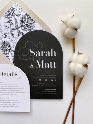 
                  
                    Load image into Gallery viewer, Arch shaped wedding invitation in black and white and neutral colours
                  
                
