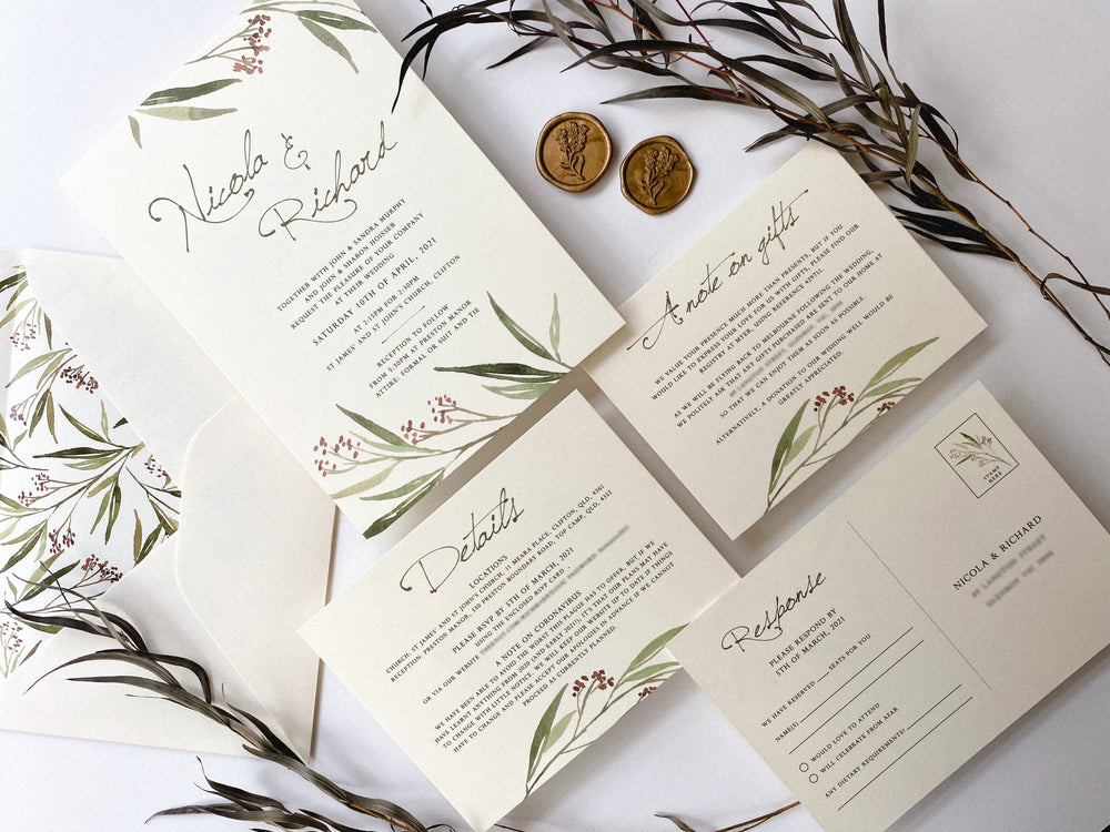 
                  
                    Load image into Gallery viewer, Australian outback, bush, outdoor wedding invitation with wax seal. Watercolour invite.
                  
                