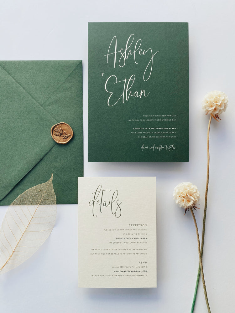 Ashleigh's Calligraphy Wedding Invitation in olive green with handwritten font