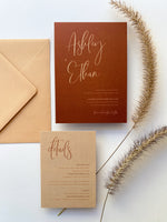 Ashleigh's Calligraphy Wedding Invitation in tan and brown, earthy neutral tones, with handwritten font
