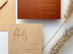 
                  
                    Load image into Gallery viewer, Ashleigh&amp;#39;s Calligraphy Wedding Invitation in tan and brown, earthy neutral tones, with handwritten font
                  
                