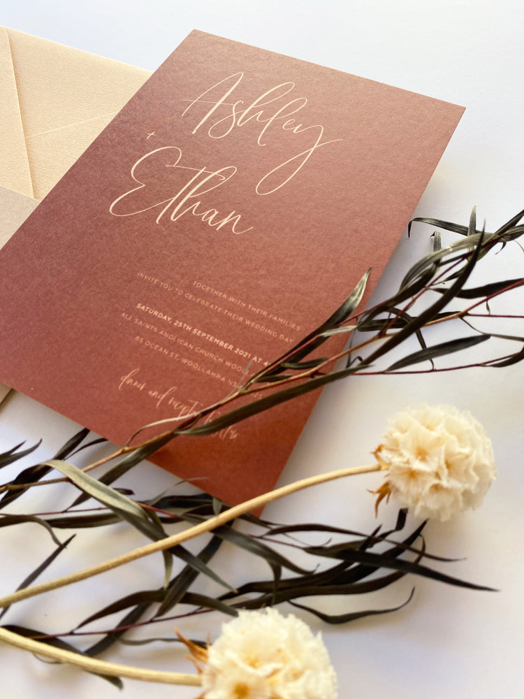 
                  
                    Load image into Gallery viewer, Ashleigh&amp;#39;s Calligraphy Wedding Invitation in tan and brown, earthy neutral tones, with handwritten font
                  
                